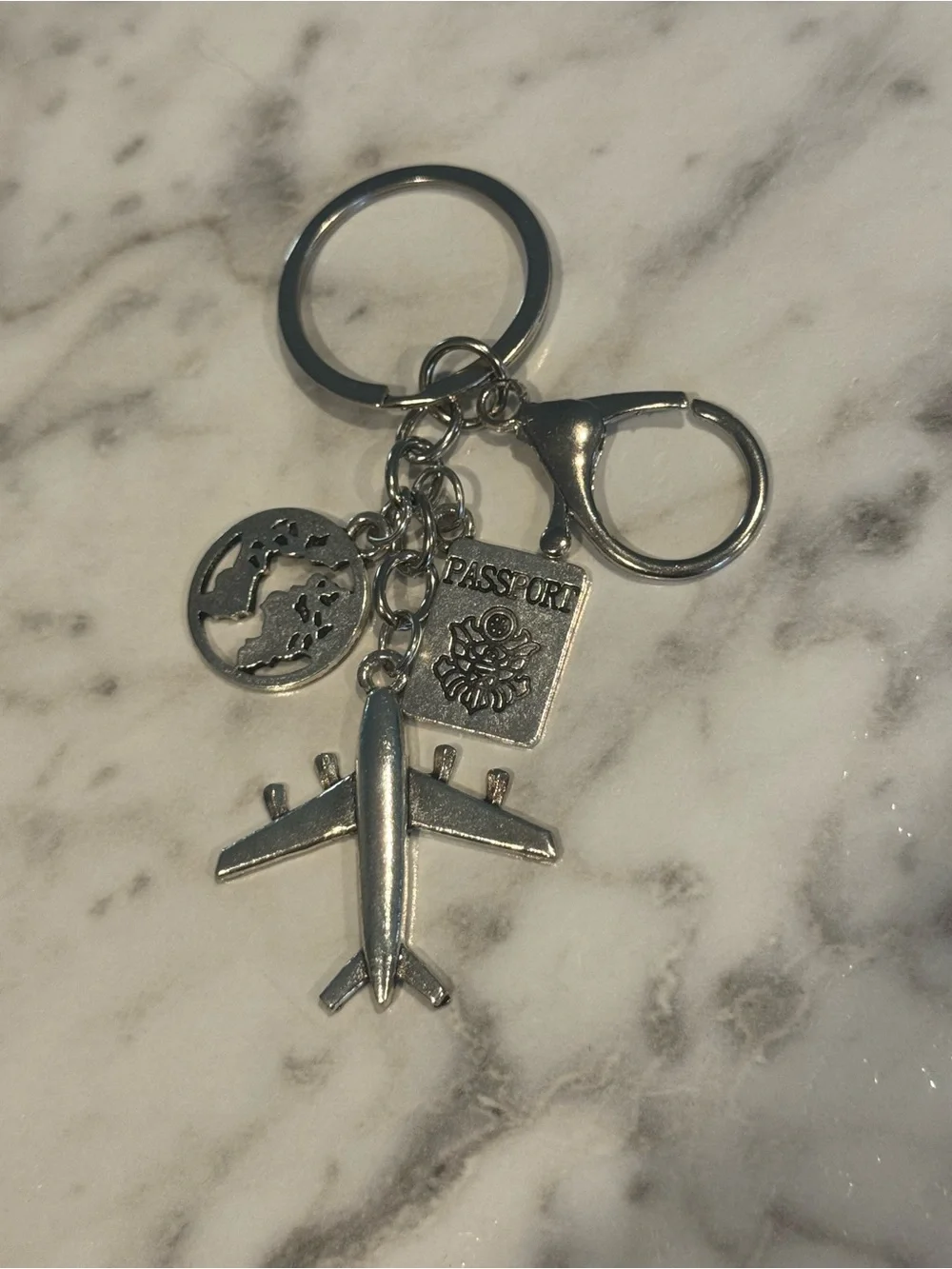 Silver Travel Charm Keychain with Airplane & Passport